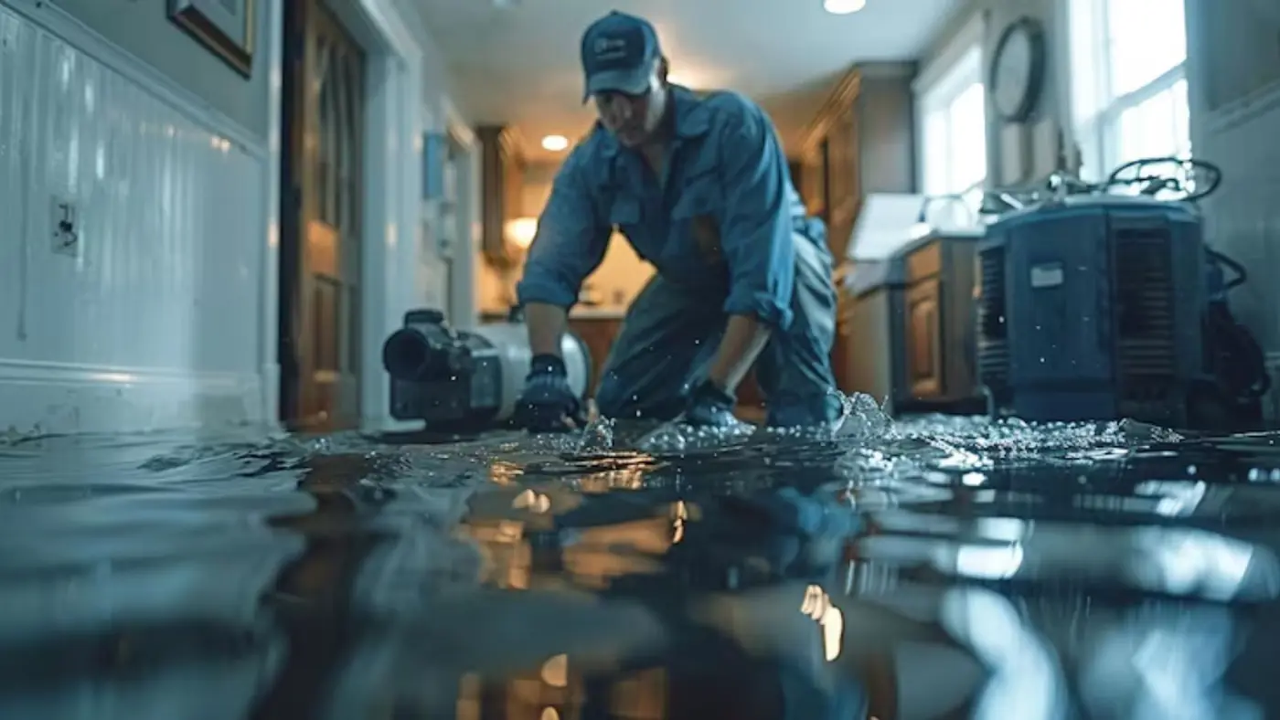 Technician crouching beside extraction equipment in a flooded room, with standing water across the floor